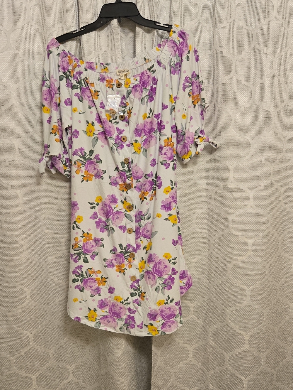 Floral Off-Shoulder Midi Dress in White with Purple & Yellow Bloom